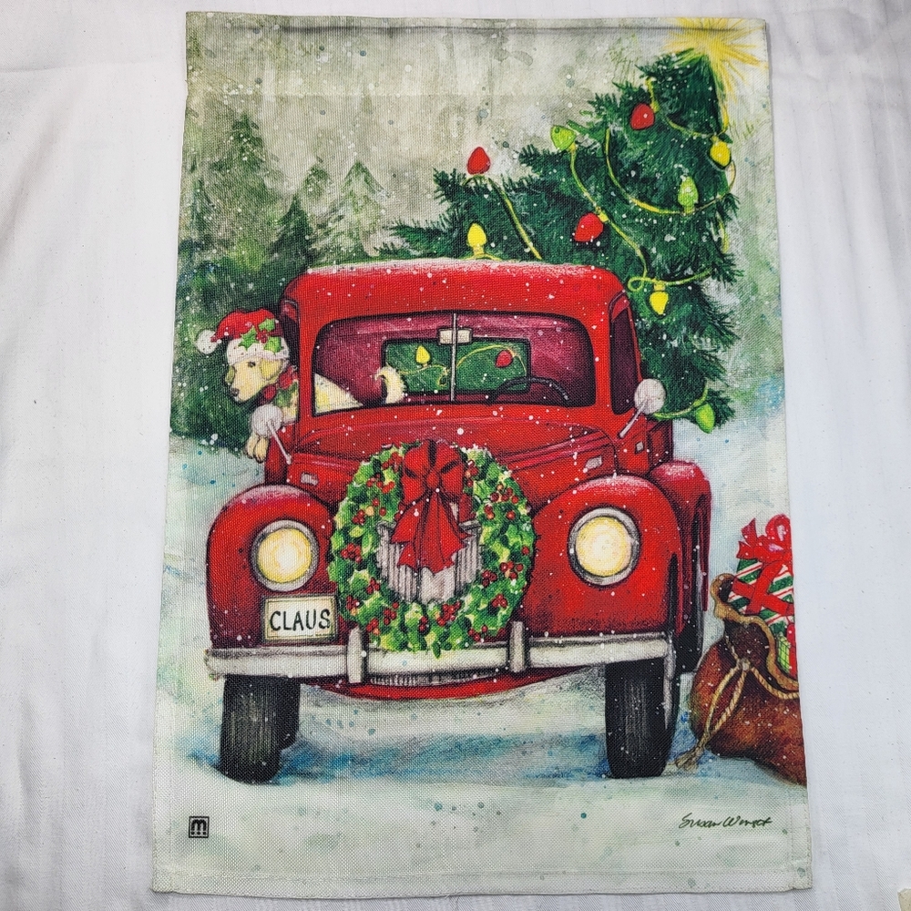 Bringing Home The Tree Garden FLAG Christmas Red Truck Dog Susan Winget 12.5x18"